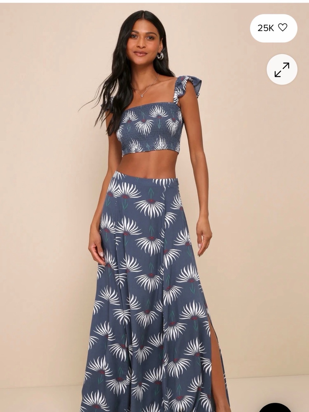 Lulu's Navy Blue A-Line Maxi Skirt with White Palm Print